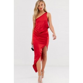 Red Draped One Shoulder Sexy Asymmetric Dress