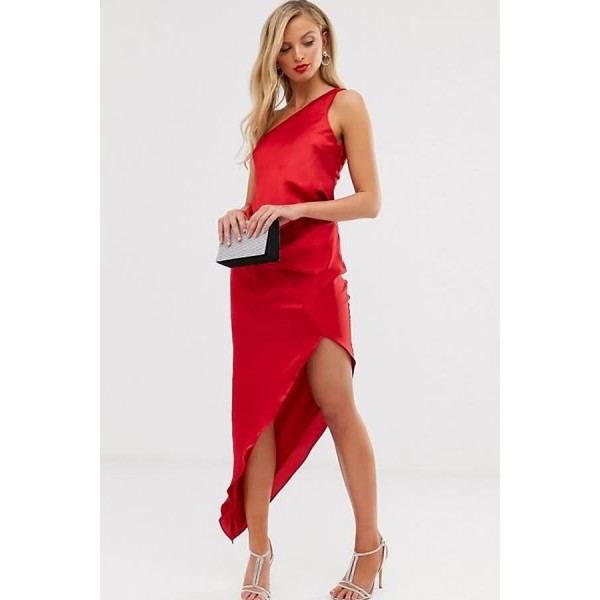 Red Draped One Shoulder Sexy Asymmetric Dress 