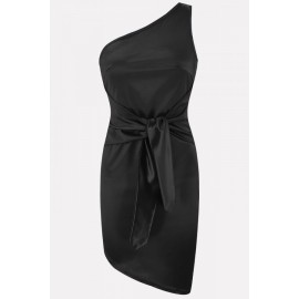 Black Satin Knotted One Shoulder Sexy Bodycon Party Dress