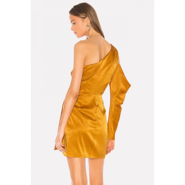 Gold Satin One Shoulder Wrap Asymmetric Hem Chic Dress 