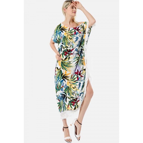 Green Tropical Print One Shoulder Fringe Casual Maxi Dress