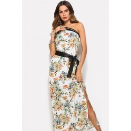 White Floral One Shoulder Slit Bow Casual Maxi Dress