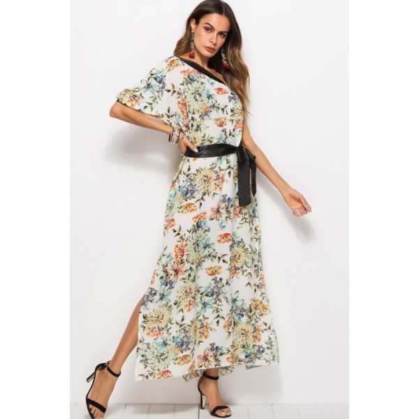 White Floral One Shoulder Slit Bow Casual Maxi Dress 