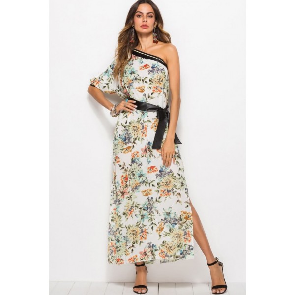 White Floral One Shoulder Slit Bow Casual Maxi Dress 