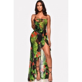 Green Floral Leaf Ruffles High Slit Strapless Sexy Mesh Sheer Dress