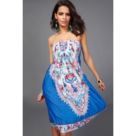 Blue Tribal Print Strapless Casual Dress