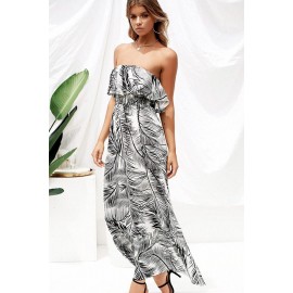 Black-white Strapless Leaf Print Sexy Maxi Dress