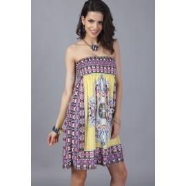 Yellow Tribal Print Strapless Shirred Casual Dress