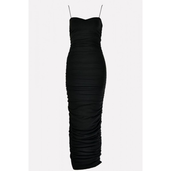 Black Ruched Strapless Bodycon Sexy Midi Party Dress