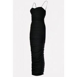 Black Ruched Strapless Bodycon Sexy Midi Party Dress