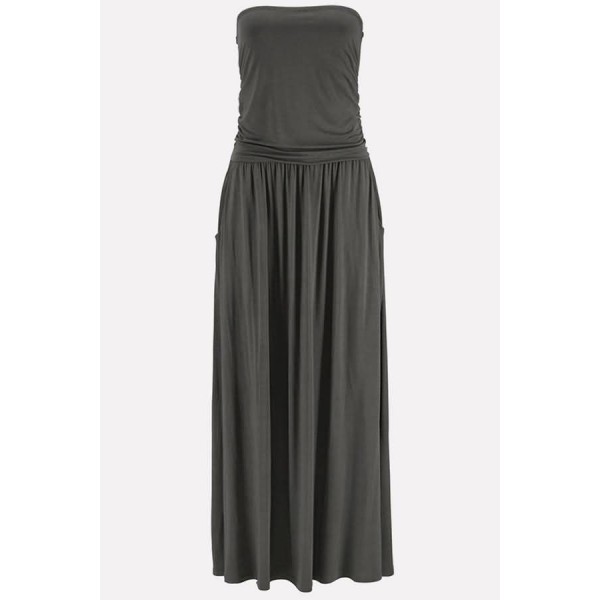 Gray Strapless Pleated Pocket Casual Maxi Dress 