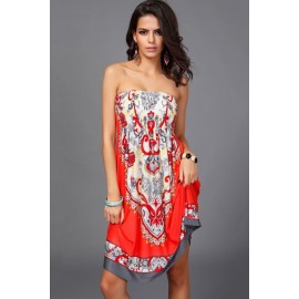 Red Tribal Print Strapless Casual Dress