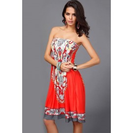 Red Tribal Print Strapless Casual Dress