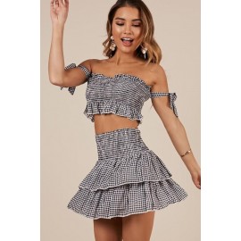 Black-white Gingham Strapless Shirred Ruffles Casual Two Piece Dress