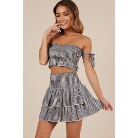 Black-white Gingham Strapless Shirred Ruffles Casual Two Piece Dress