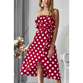 Red Polka Dot Print Strapless Ruffles Tied Sexy Overlap Dress