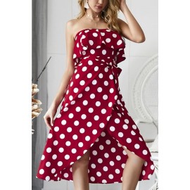 Red Polka Dot Print Strapless Ruffles Tied Sexy Overlap Dress