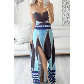 Light-blue Strapless Sweetheart Print Slit Sexy Maxi Dress