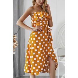 Yellow Polka Dot Print Strapless Ruffles Tied Sexy Overlap Dress