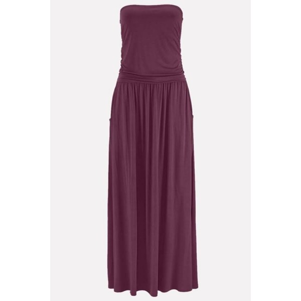 Purple Strapless Pleated Pocket Casual Maxi Dress 