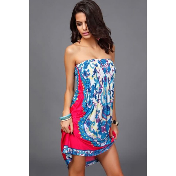 Hot-pink Tribal Print Strapless Casual Dress 