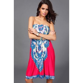 Hot-pink Tribal Print Strapless Casual Dress