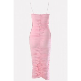 Pink Ruched Strapless Bodycon Sexy Midi Party Dress