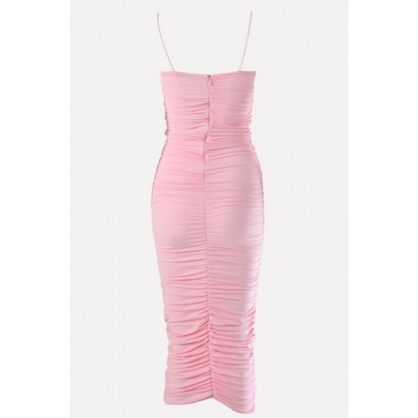 Pink Ruched Strapless Bodycon Sexy Midi Party Dress 