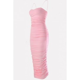 Pink Ruched Strapless Bodycon Sexy Midi Party Dress
