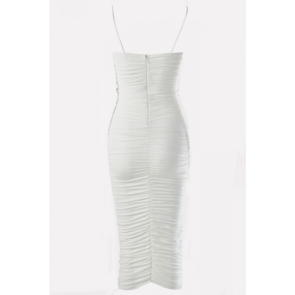 White Ruched Strapless Bodycon Sexy Midi Party Dress 