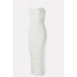 White Ruched Strapless Bodycon Sexy Midi Party Dress