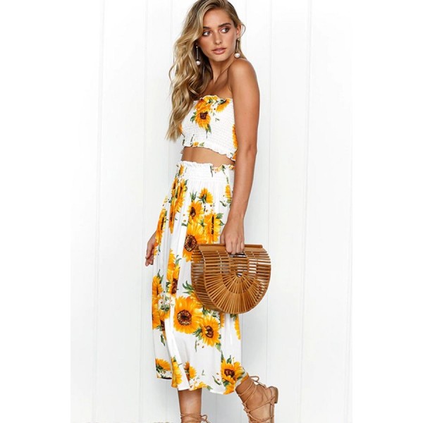 White Sunflower Print Shirred Bandeau Pleated Casual Two Piece Dress 