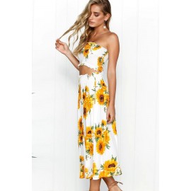 White Sunflower Print Shirred Bandeau Pleated Casual Two Piece Dress