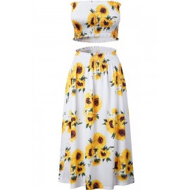 White Sunflower Print Shirred Bandeau Pleated Casual Two Piece Dress