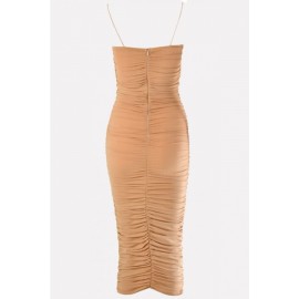 Nude Ruched Strapless Bodycon Sexy Midi Party Dress
