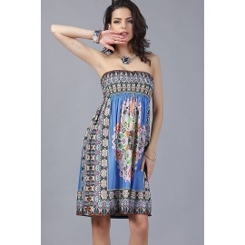 Blue Tribal Print Strapless Shirred Casual Dress