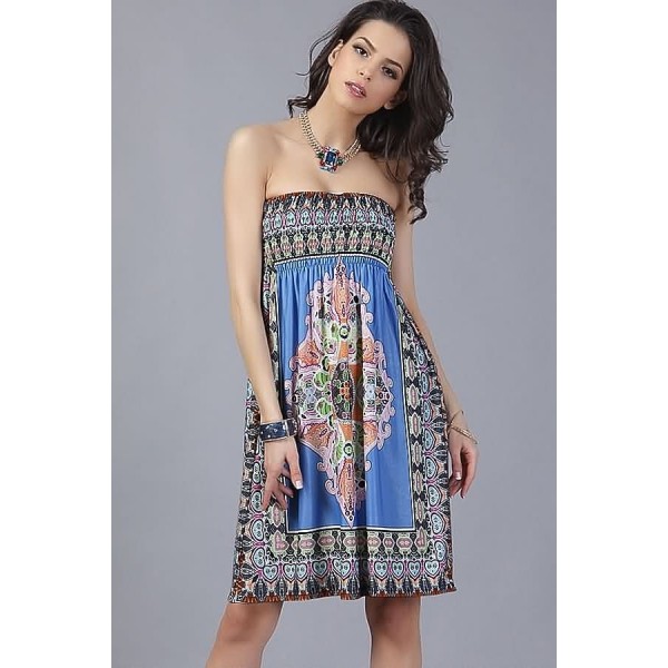 Blue Tribal Print Strapless Shirred Casual Dress 