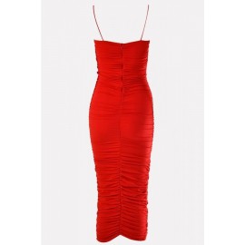 Red Ruched Strapless Bodycon Sexy Midi Party Dress