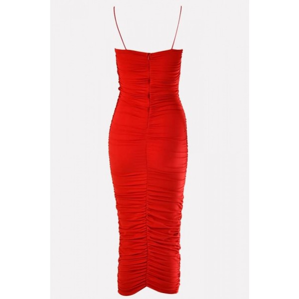 Red Ruched Strapless Bodycon Sexy Midi Party Dress 