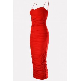 Red Ruched Strapless Bodycon Sexy Midi Party Dress