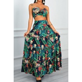 Green Floral Leaf Print Ruffles Strapless Casual Two Piece Dress