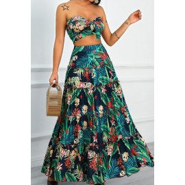 Green Floral Leaf Print Ruffles Strapless Casual Two Piece Dress