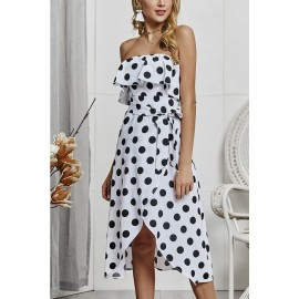 White Polka Dot Print Strapless Ruffles Tied Sexy Overlap Dress