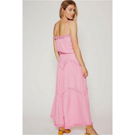 Pink Ruffles Trim Solid Casual Chiffon Maxi Cami Dress
