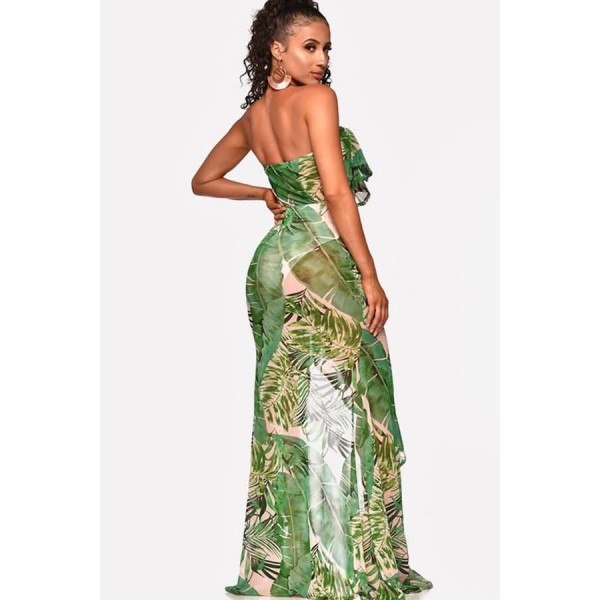 Green Leaf Print Ruffles High Slit Strapless Sexy Mesh Sheer Dress 