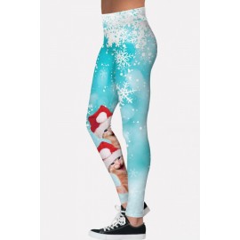 Light-blue Cat Snowflake Print Elastic Waist Christmas Leggings