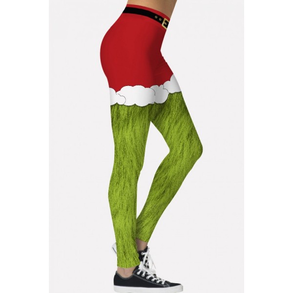 Green The Grinch Print Elastic Waist Christmas Skinny Leggings 