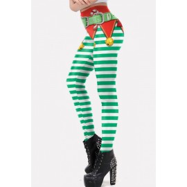 Green 3d Print Stripe Elastic Waist Christmas Skinny Leggings