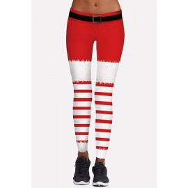 Red Stripe Belt Print Elastic Waist Christmas Leggings