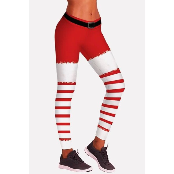 Red Stripe Belt Print Elastic Waist Christmas Leggings 
